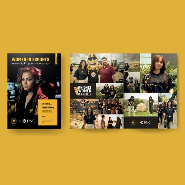 La iniciativa Women in Esports de los Pittsburgh Knights y PNC Bank promueve la equidad de género en los esports. En 2023, diseñé una revista para destacar los logros de este programa y las historias de éxito de las mujeres en la industria.