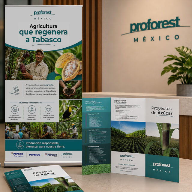 Desarrollé materiales gráficos para Proforest México, enfocados en comunicar su trabajo con productores, comunidades y cadenas de valor sostenibles en el sureste de México.

El proyecto incluyó piezas impresas, lonas, trípticos, mockups y aplicaciones visuales con un enfoque editorial, limpio y profesional, integrando fotografía de campo, identidad institucional y mensajes sobre agricultura regenerativa, reforestación, cacao, azúcar y producción responsable. La intención fue crear una comunicación clara, cercana y visualmente sólida para destacar el impacto de Proforest en el territorio y su compromiso con prácticas más sostenibles.

#ProforestMéxico #DiseñoEditorial #AgriculturaSostenible #DiseñoGráfico
